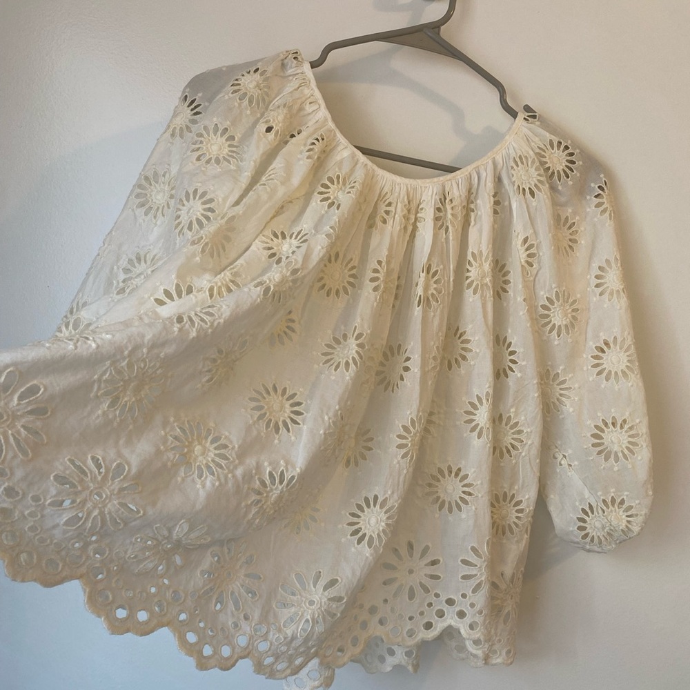 Madewell Eyelet Floral Cotton Boho Peasant Blouse White Ivory Cottagecore NWT S - Picture 2 of 8